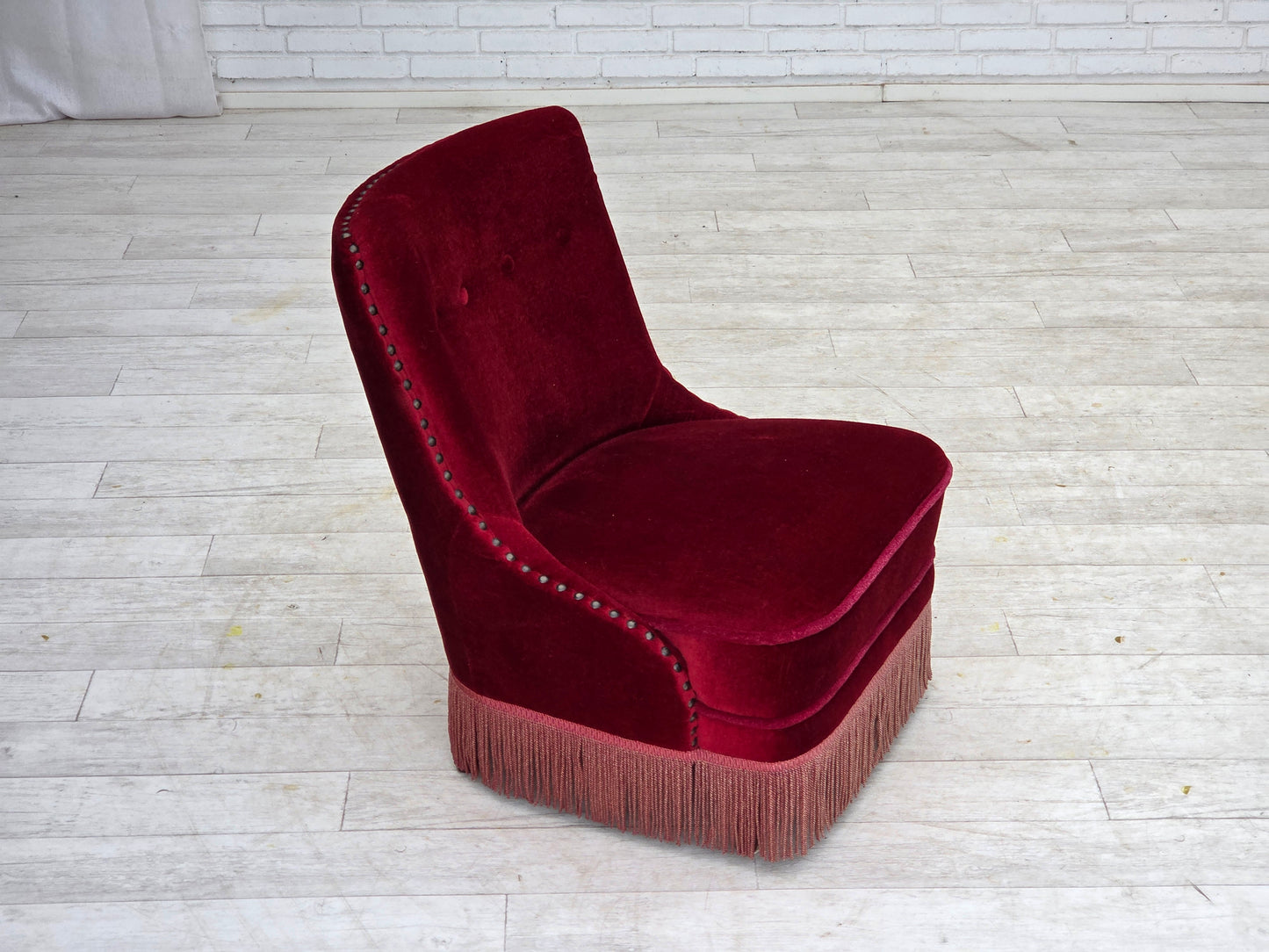 1960s, Danish armchair, original red furniture velour, beech wood legs.