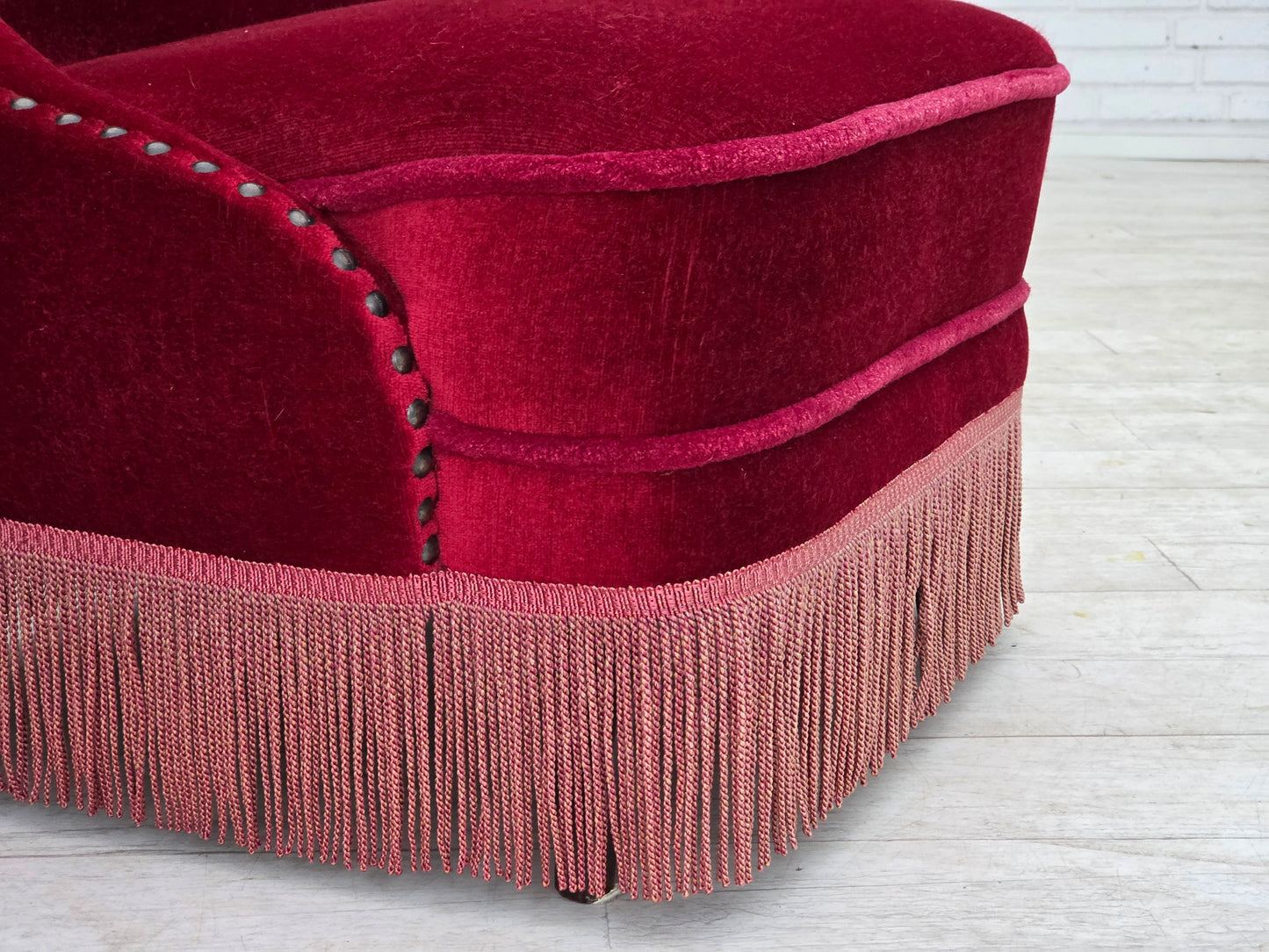 1960s, Danish armchair, original red furniture velour, beech wood legs.