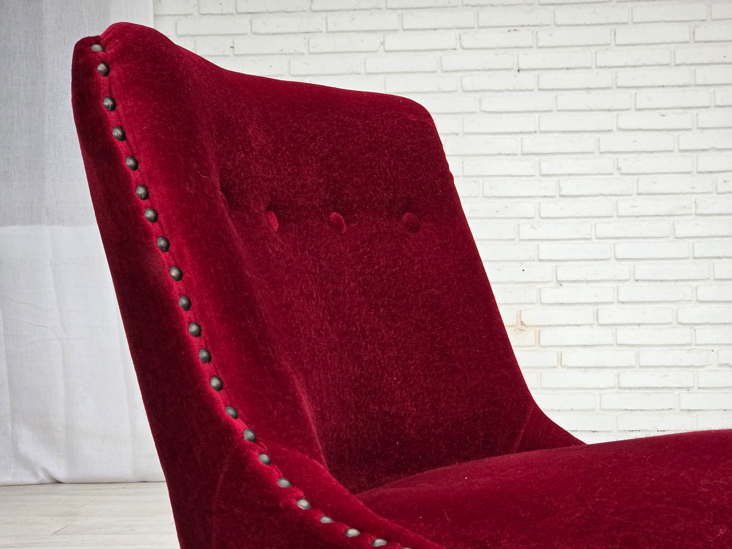 1960s, Danish armchair, original red furniture velour, beech wood legs.