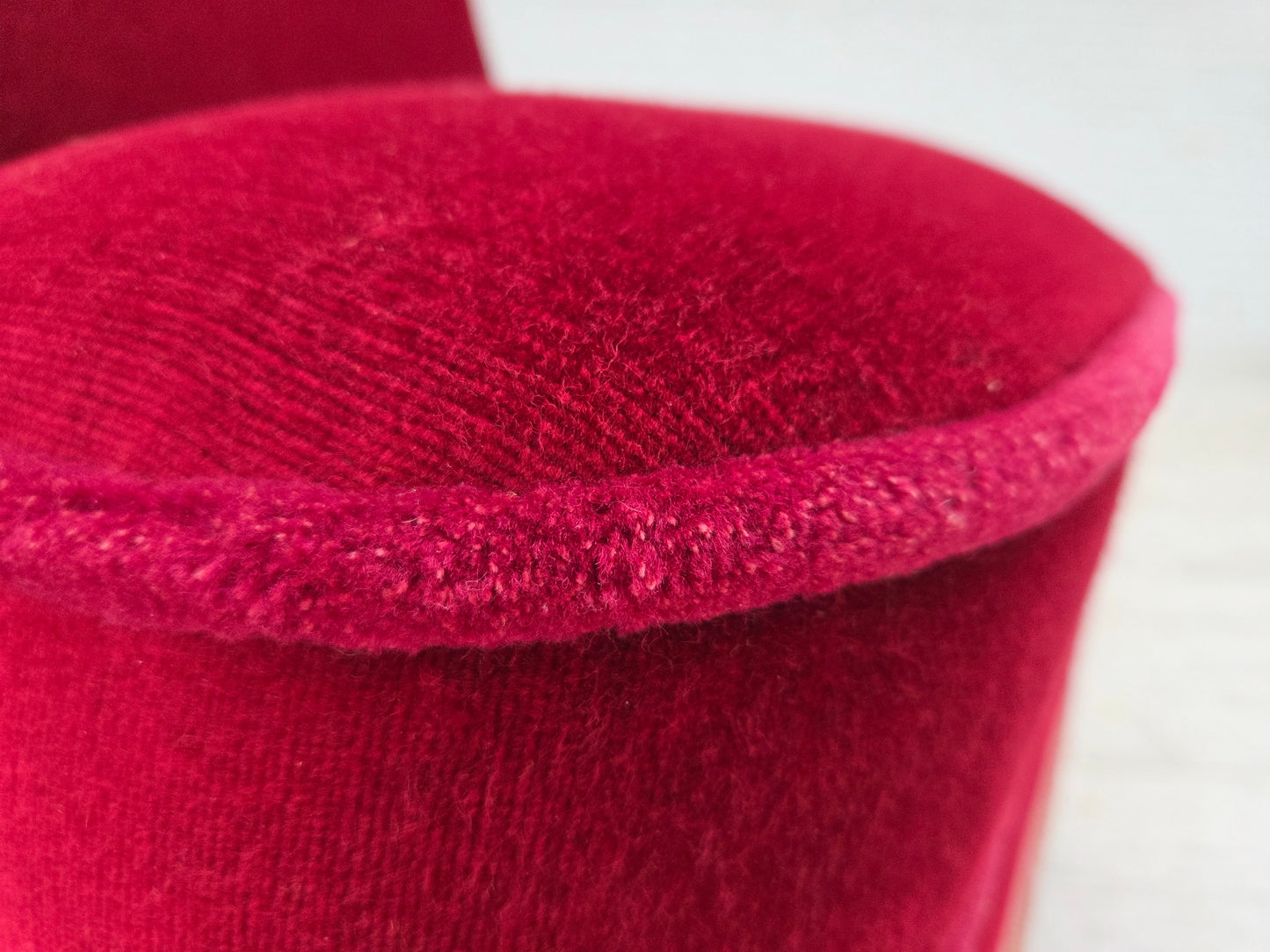 1960s, Danish armchair, original red furniture velour, beech wood legs.