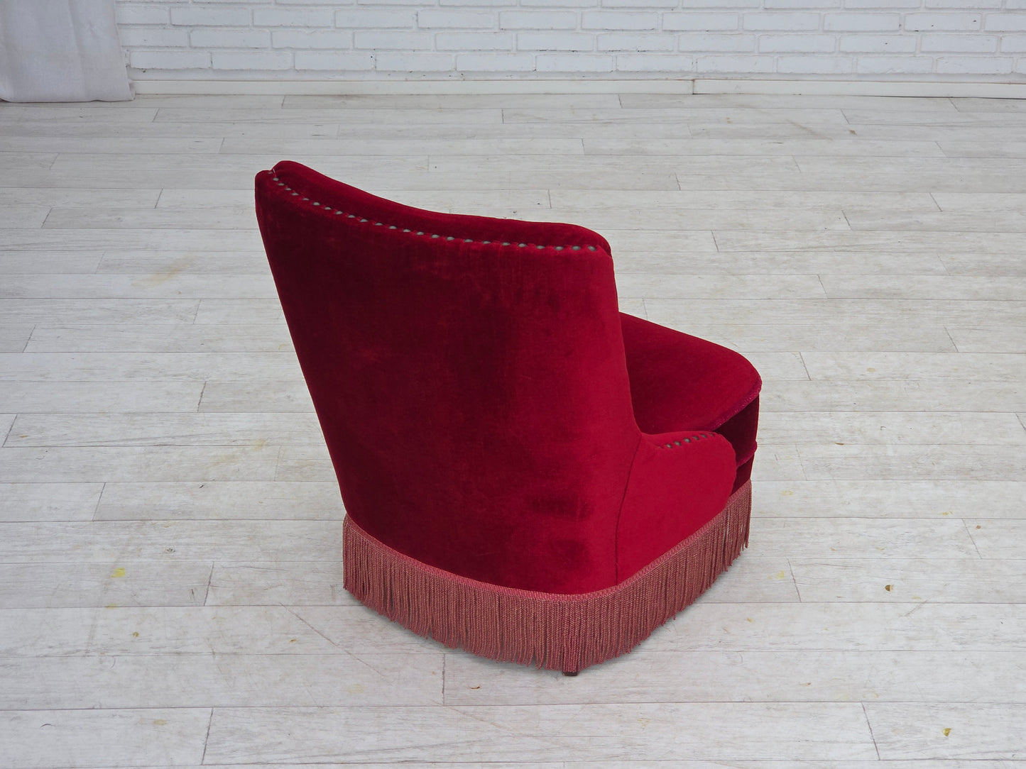 1960s, Danish armchair, original red furniture velour, beech wood legs.