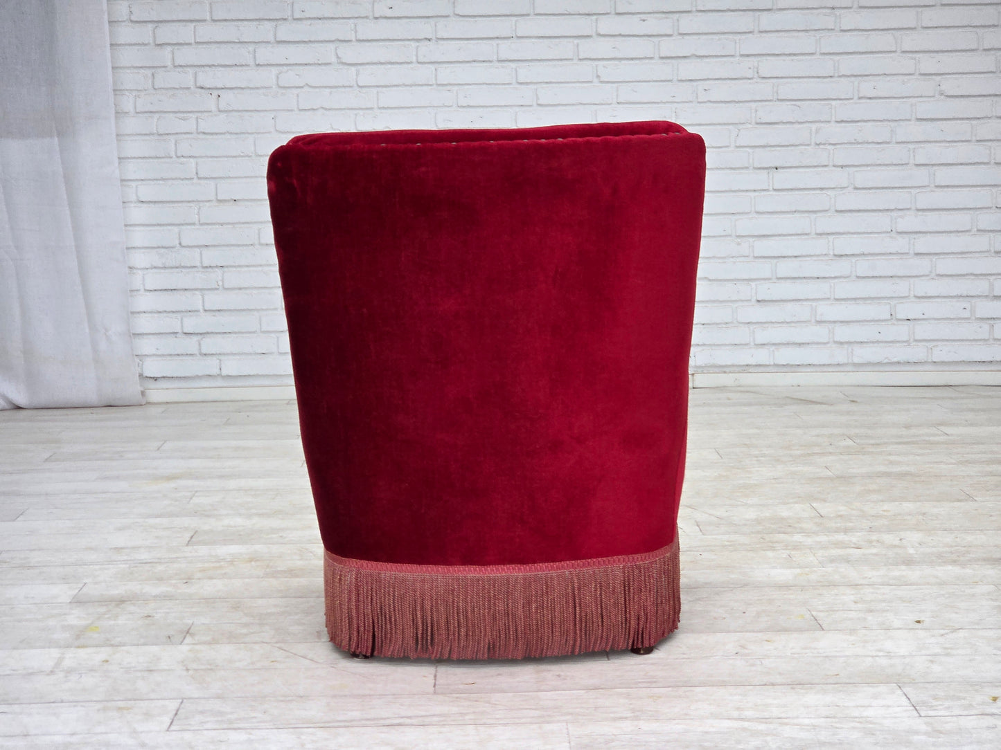 1960s, Danish armchair, original red furniture velour, beech wood legs.