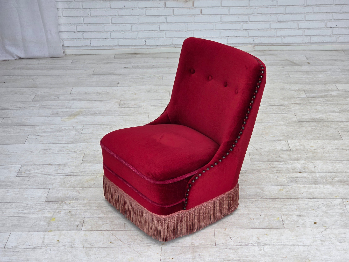 1960s, Danish armchair, original red furniture velour, beech wood legs.