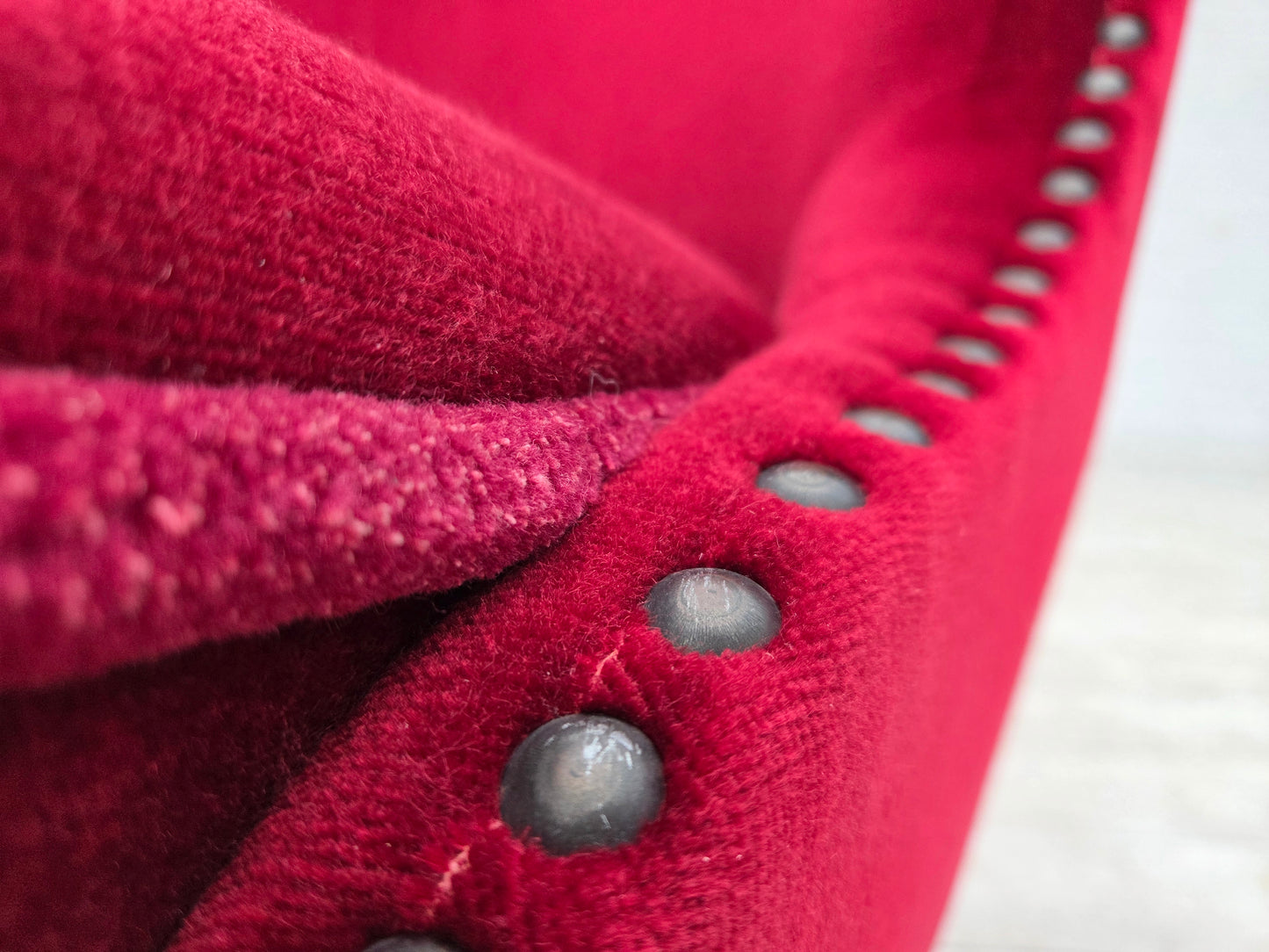 1960s, Danish armchair, original red furniture velour, beech wood legs.