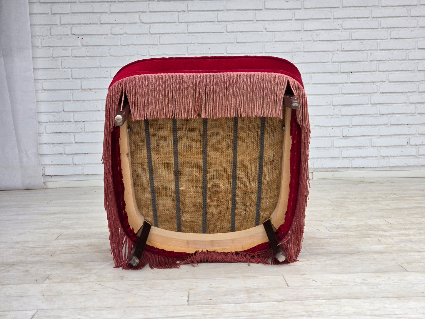 1960s, Danish armchair, original red furniture velour, beech wood legs.