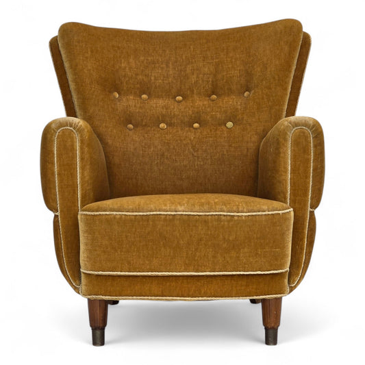 1960s, Danish relax chair, original honey yellow furniture velour.