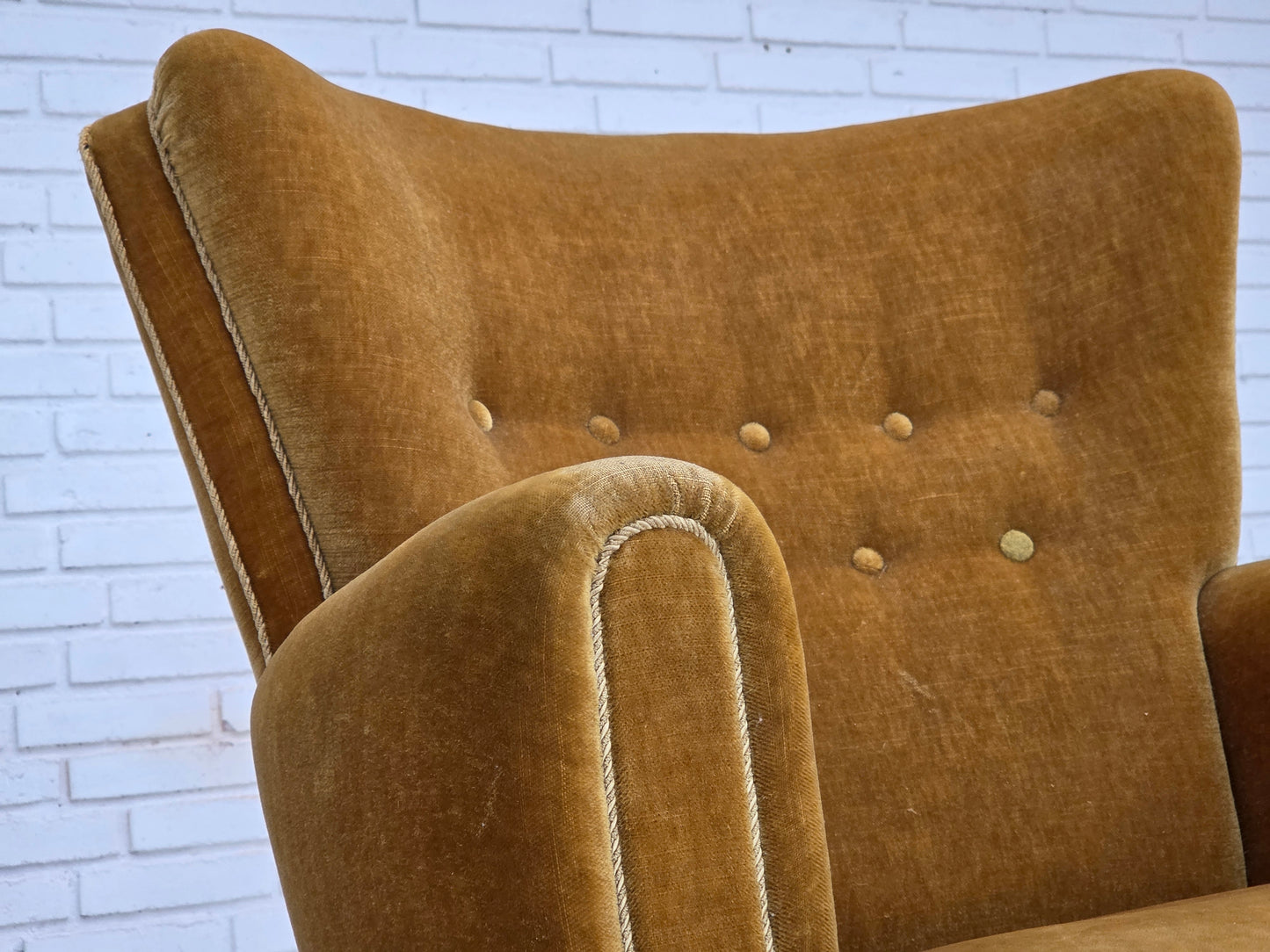 1960s, Danish relax chair, original honey yellow furniture velour.