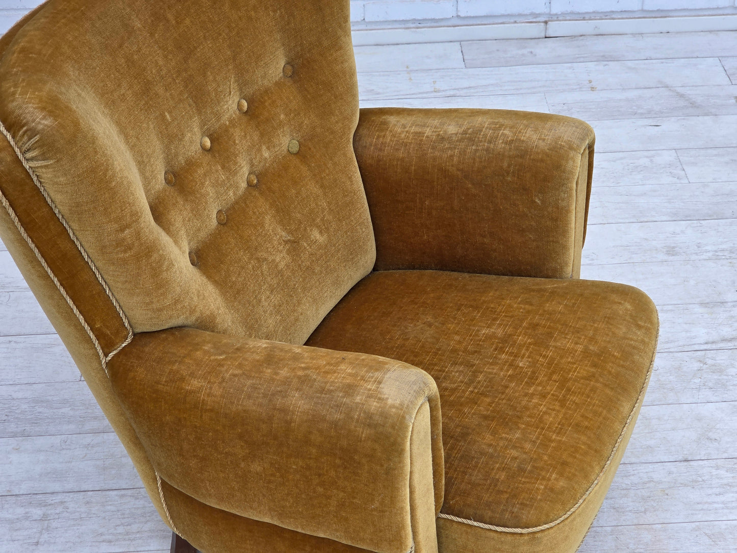 1960s, Danish relax chair, original honey yellow furniture velour.