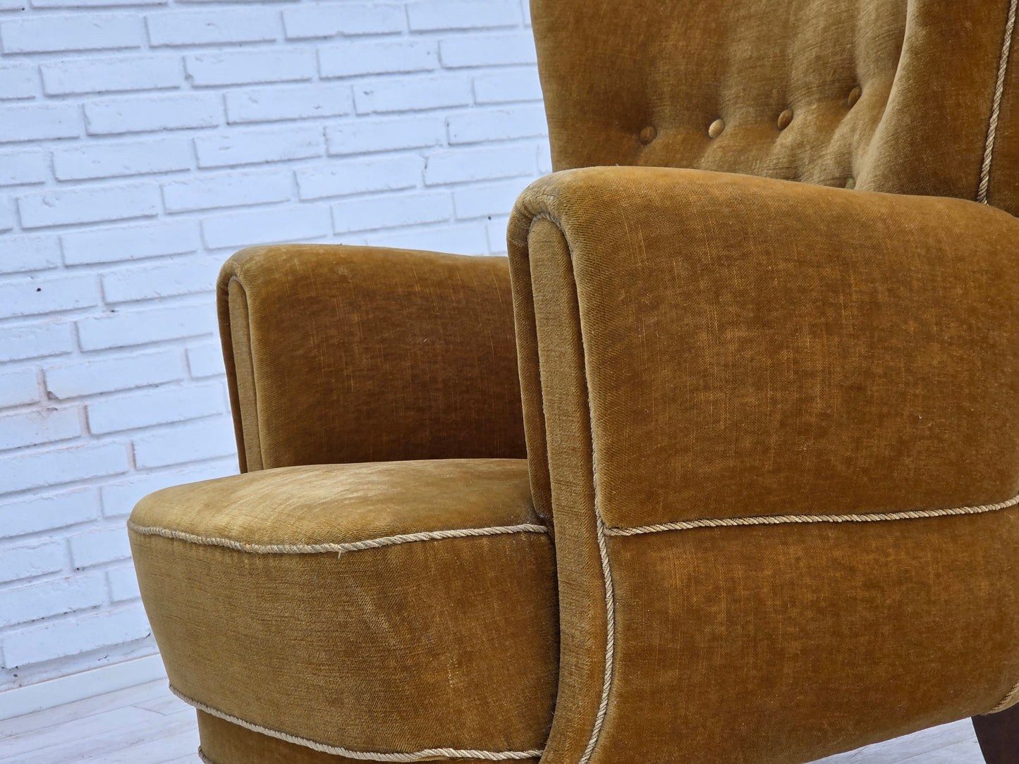 1960s, Danish relax chair, original honey yellow furniture velour.