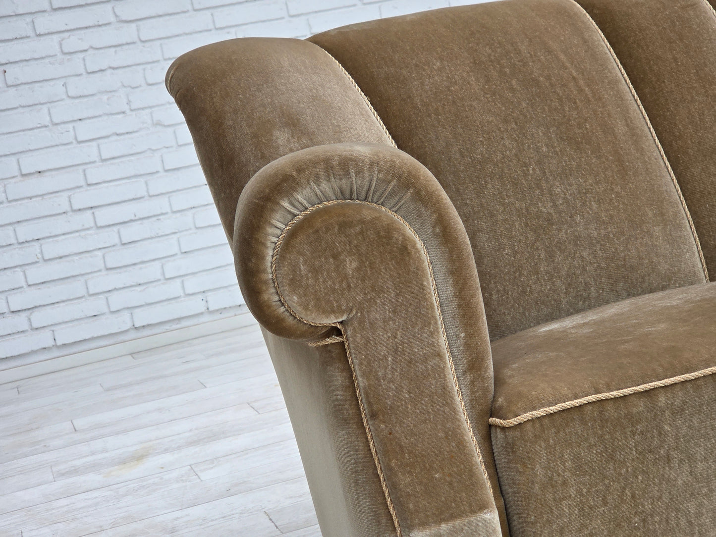 1960s, Danish 3-seater sofa, green furniture velour, oak wood legs.