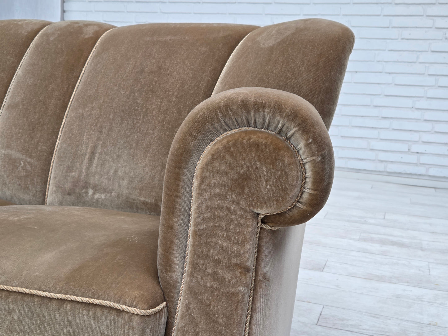 1960s, Danish 3-seater sofa, green furniture velour, oak wood legs.