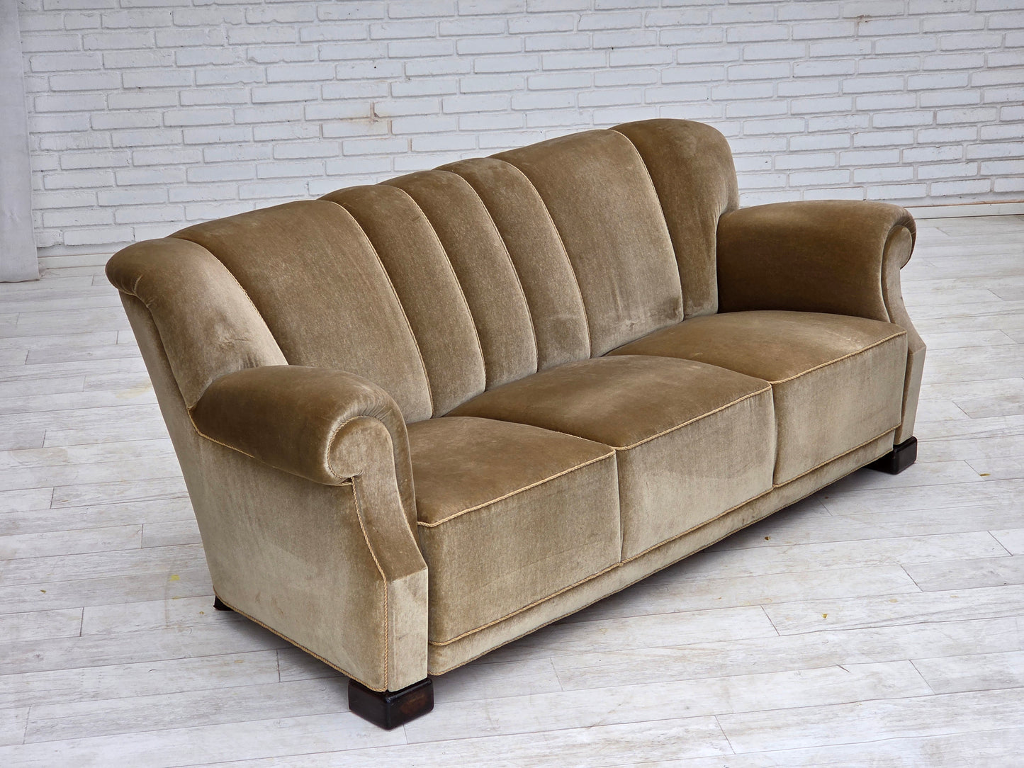 1960s, Danish 3-seater sofa, green furniture velour, oak wood legs.