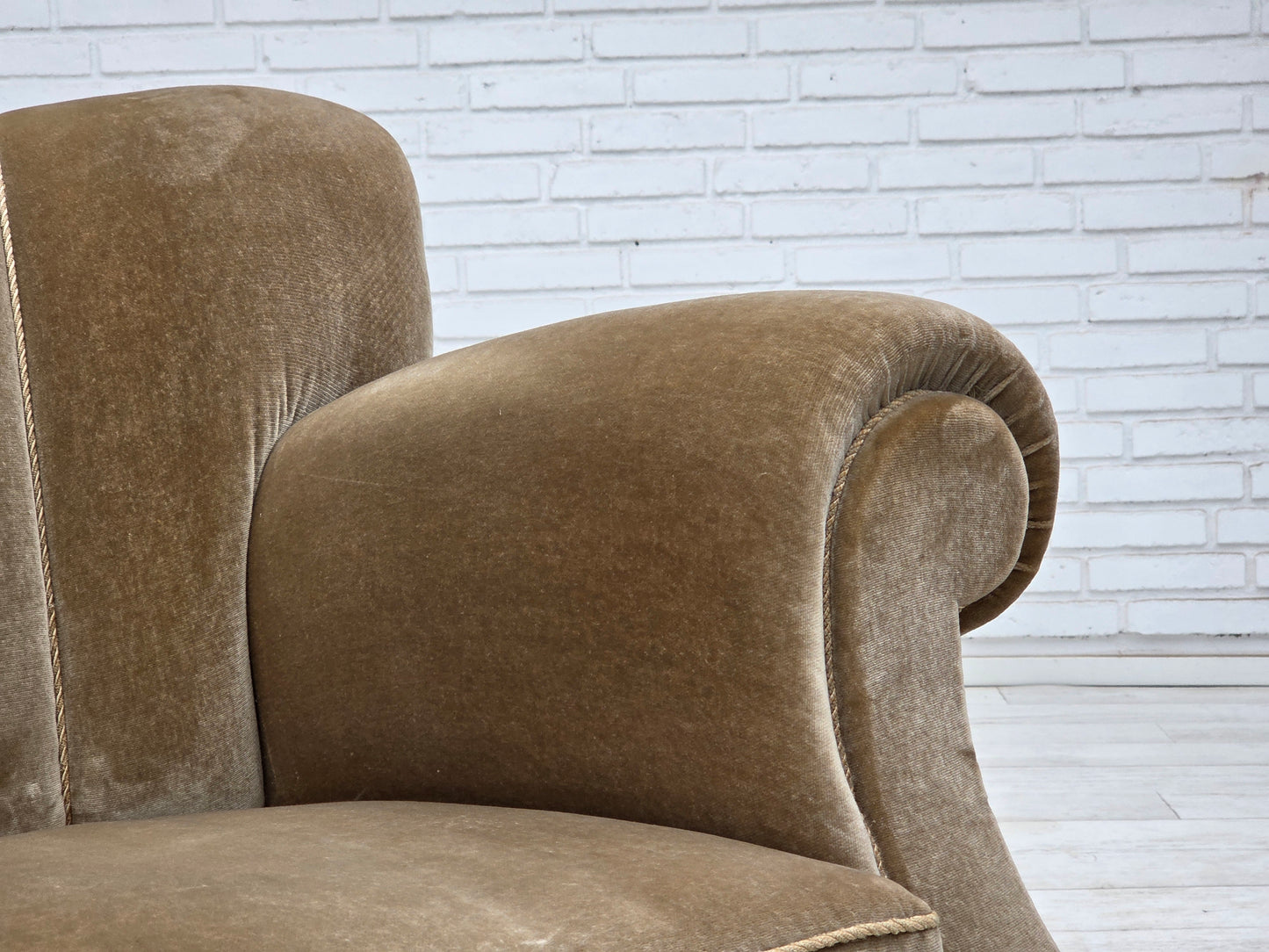 1960s, Danish 3-seater sofa, green furniture velour, oak wood legs.