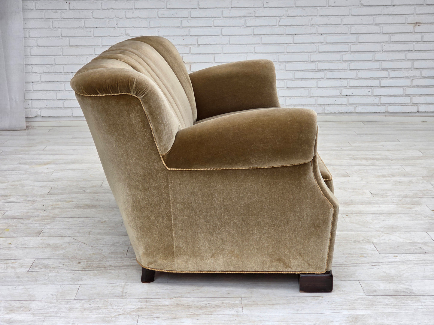 1960s, Danish 3-seater sofa, green furniture velour, oak wood legs.