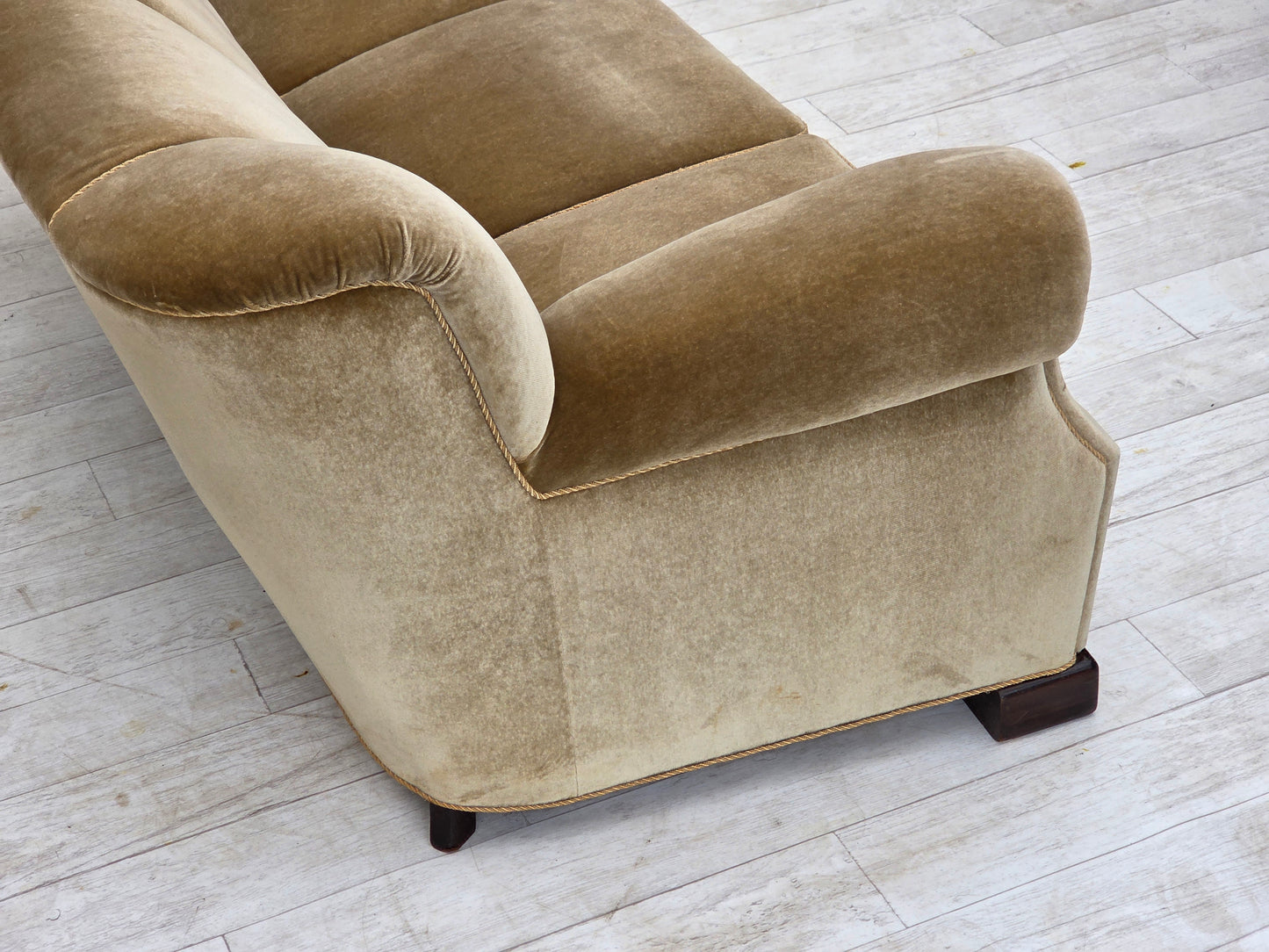 1960s, Danish 3-seater sofa, green furniture velour, oak wood legs.