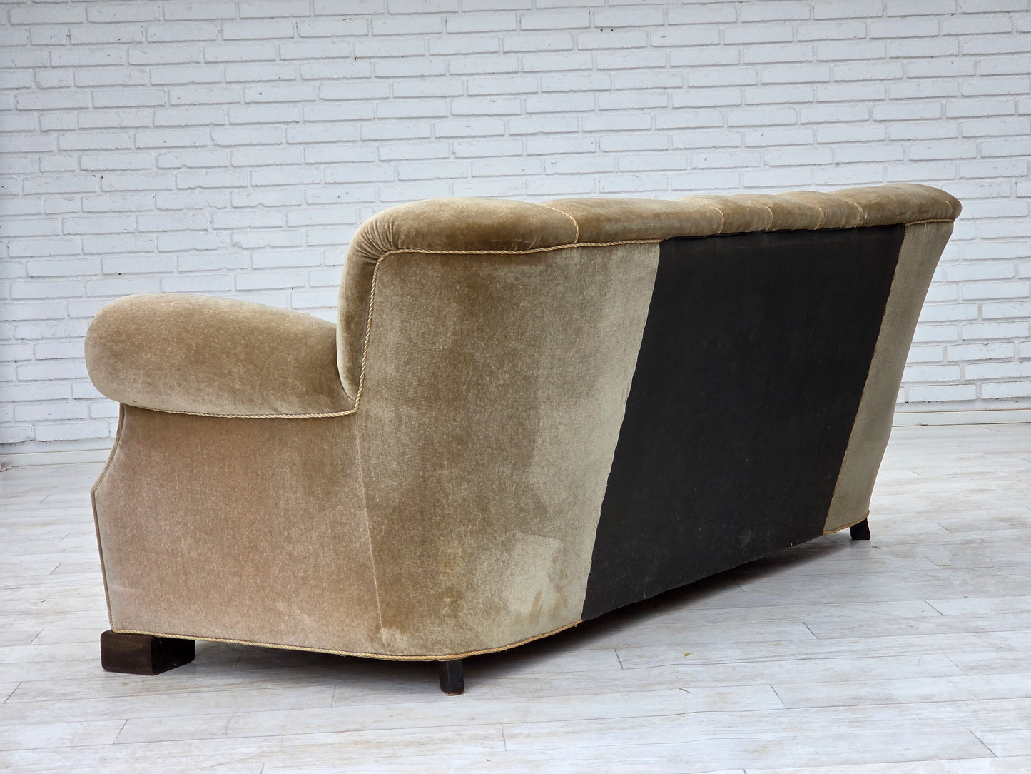 1960s, Danish 3-seater sofa, green furniture velour, oak wood legs.