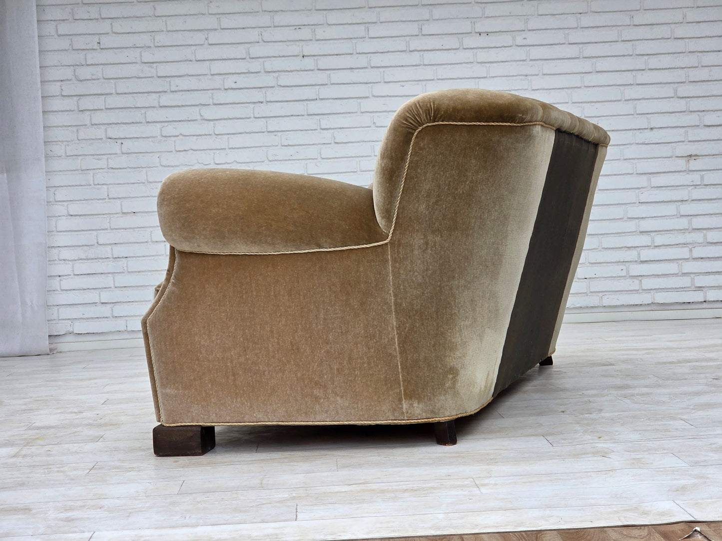 1960s, Danish 3-seater sofa, green furniture velour, oak wood legs.