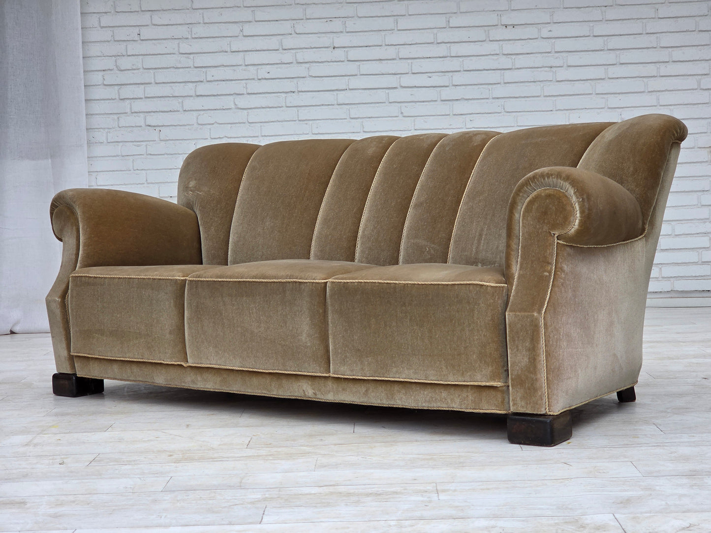 1960s, Danish 3-seater sofa, green furniture velour, oak wood legs.