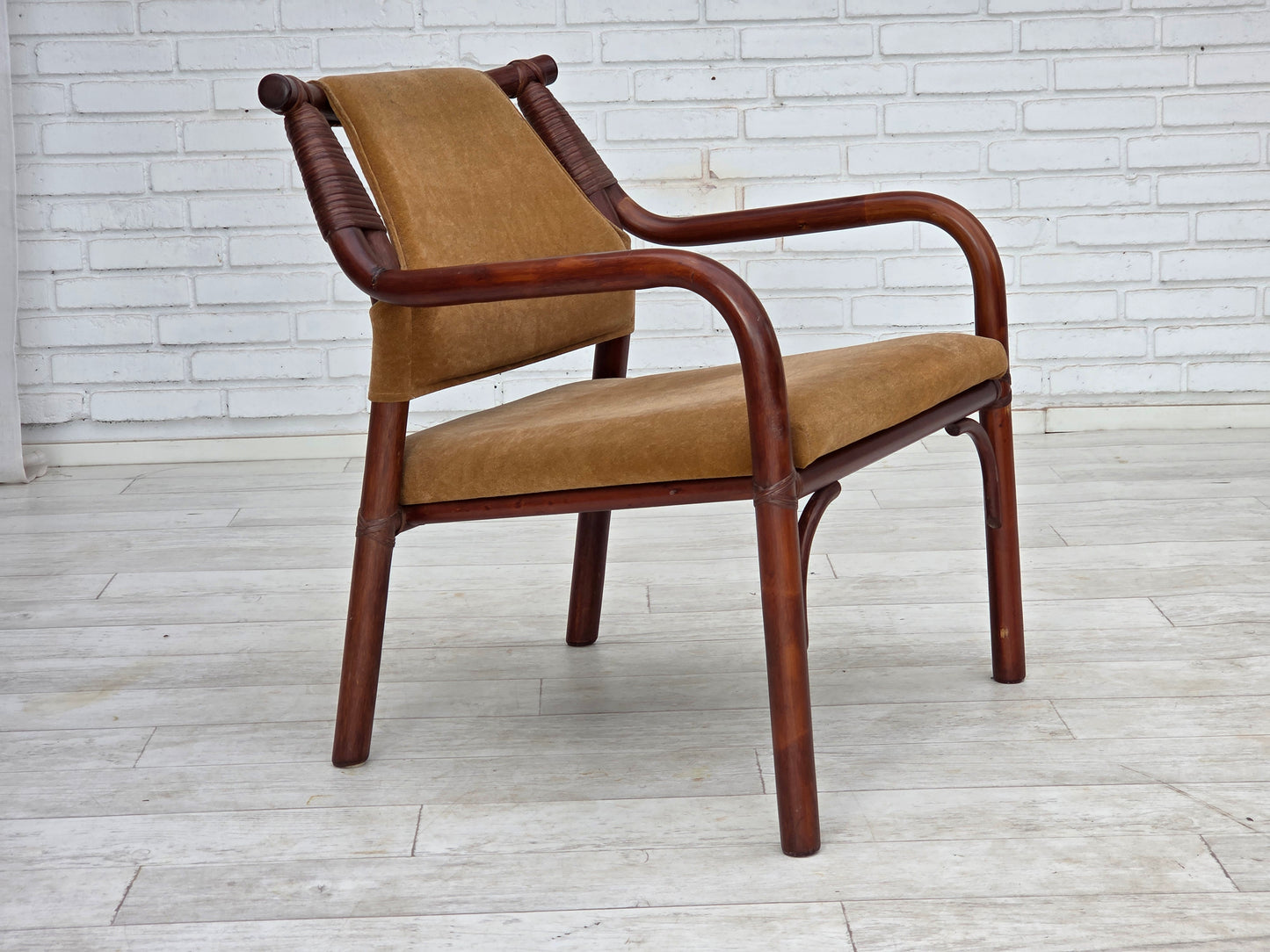 1970s, Danish coffee armchairs set, rattan, nubuck fabric.