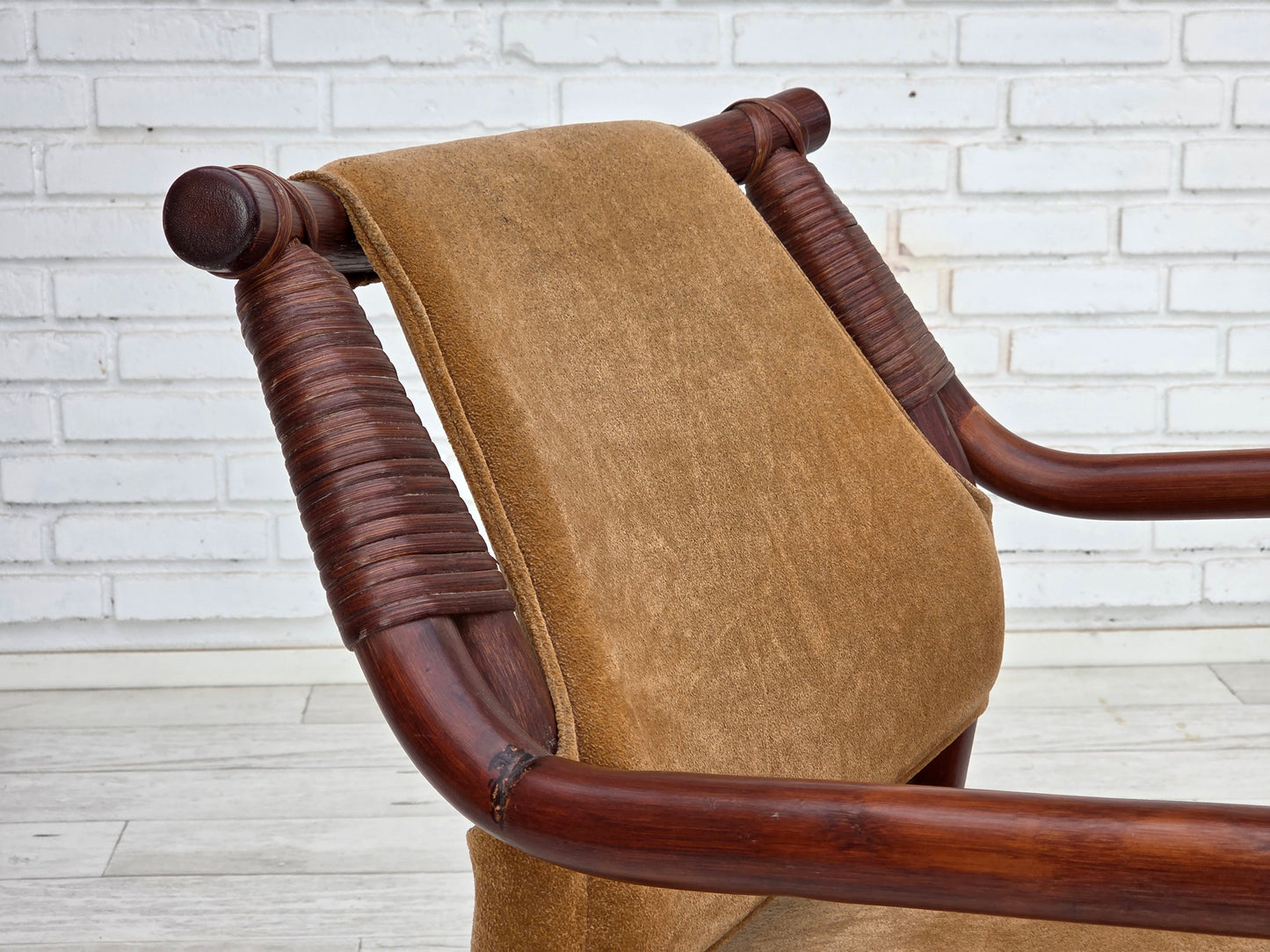 1970s, Danish coffee armchairs set, rattan, nubuck fabric.