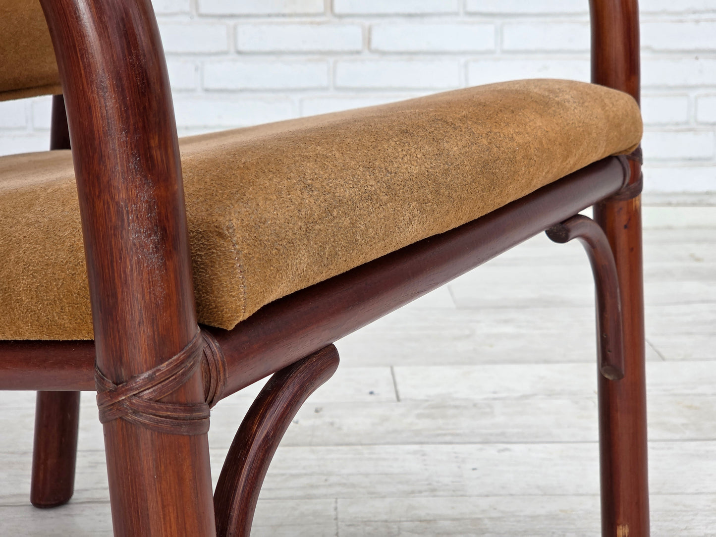 1970s, Danish coffee armchairs set, rattan, nubuck fabric.