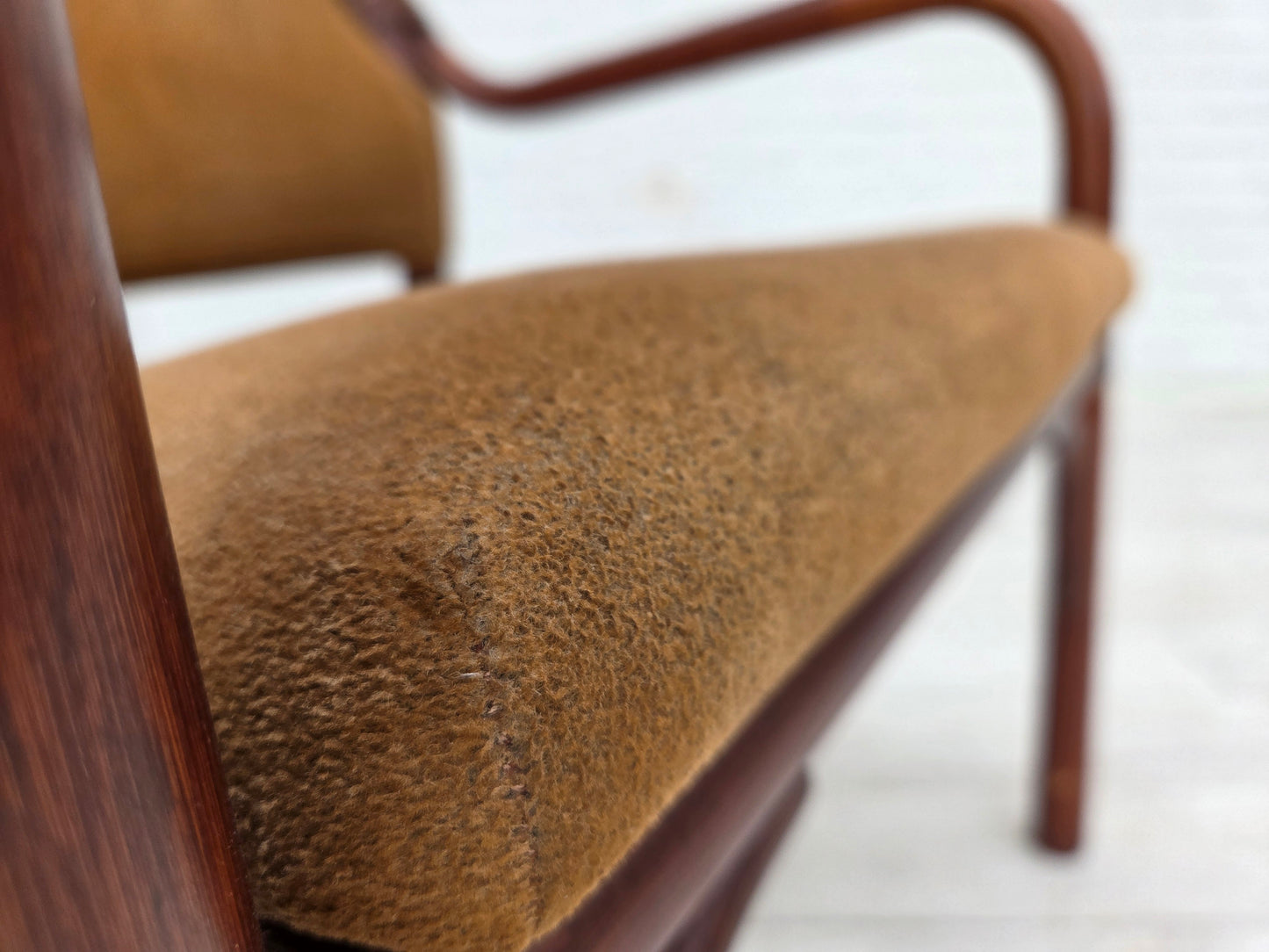 1970s, Danish coffee armchairs set, rattan, nubuck fabric.