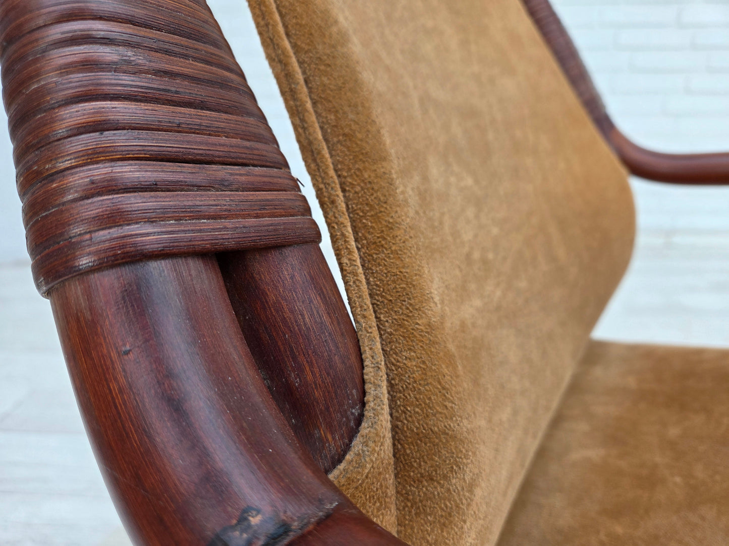 1970s, Danish coffee armchairs set, rattan, nubuck fabric.