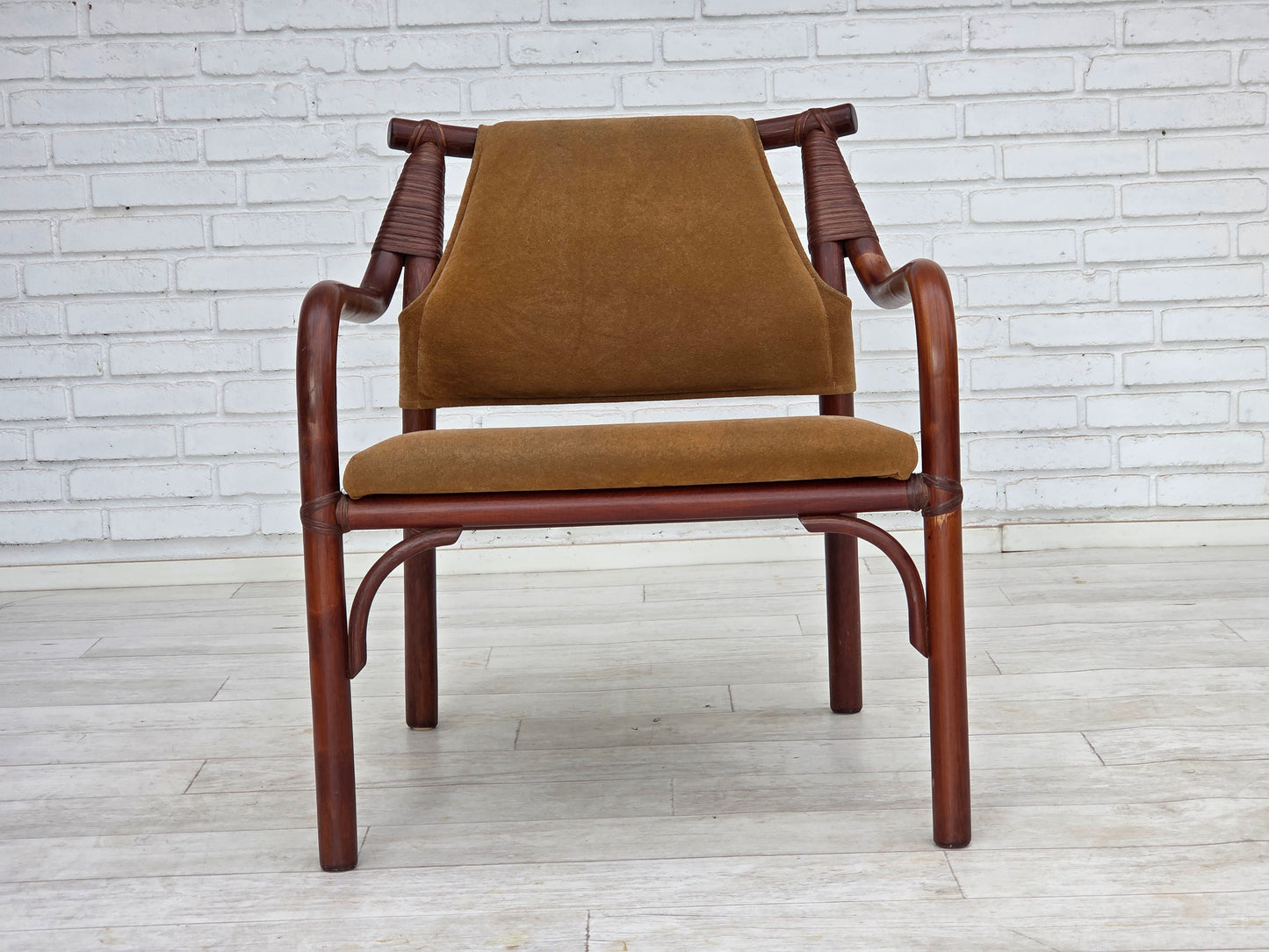 1970s, Danish coffee armchairs set, rattan, nubuck fabric.