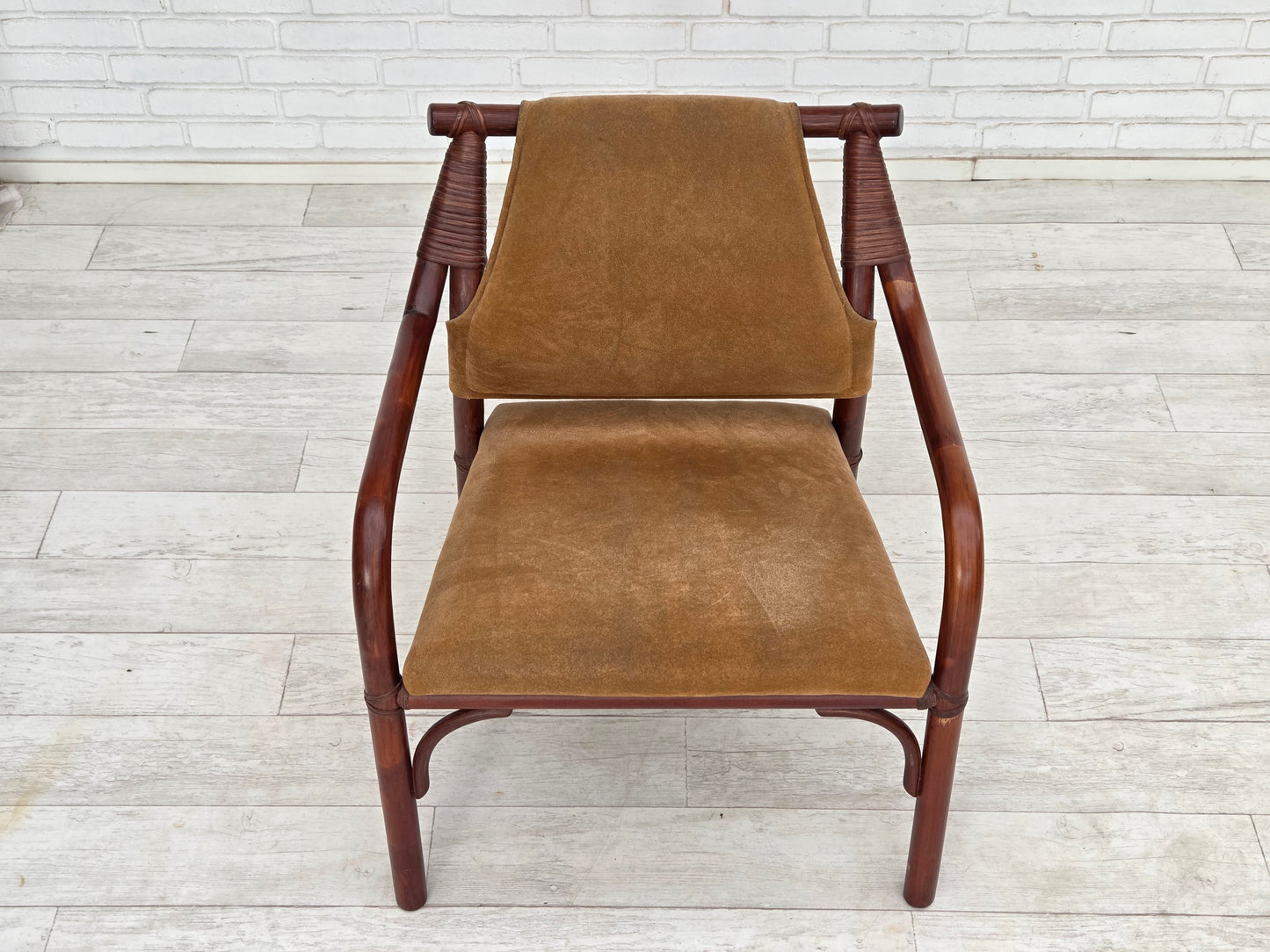 1970s, Danish coffee armchairs set, rattan, nubuck fabric.