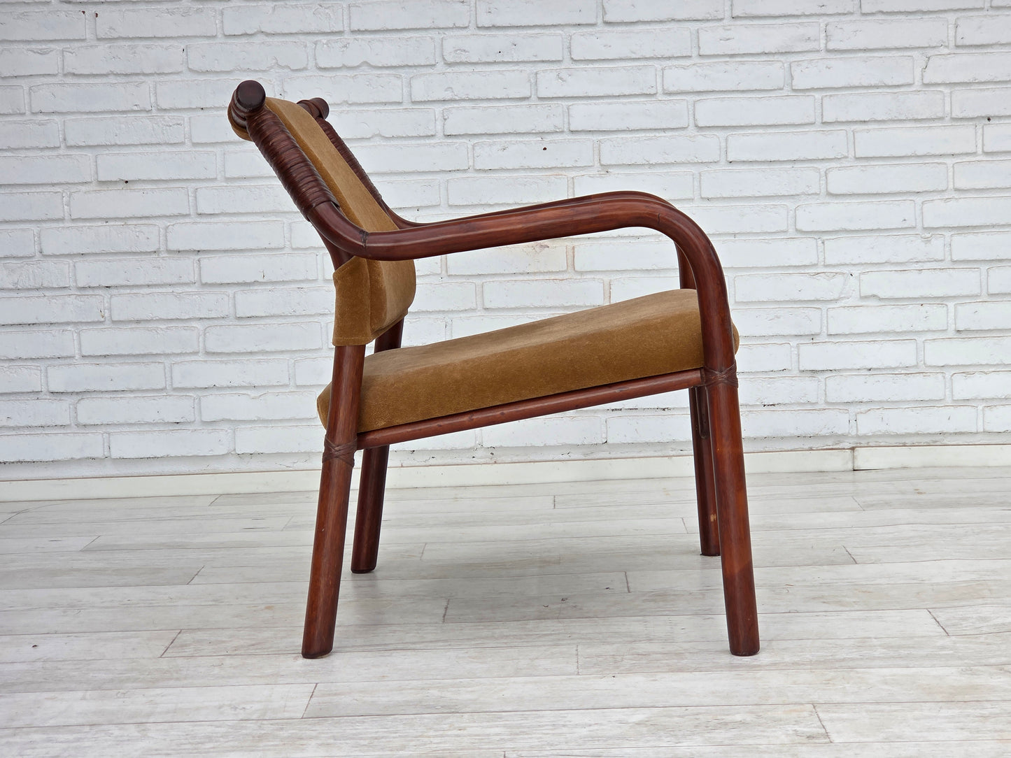 1970s, Danish coffee armchairs set, rattan, nubuck fabric.