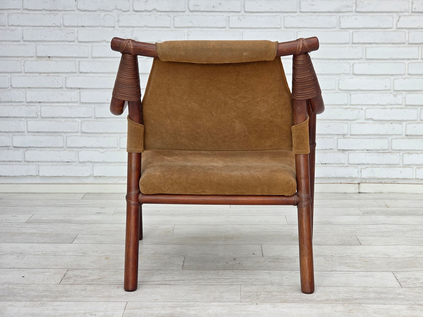 1970s, Danish coffee armchairs set, rattan, nubuck fabric.