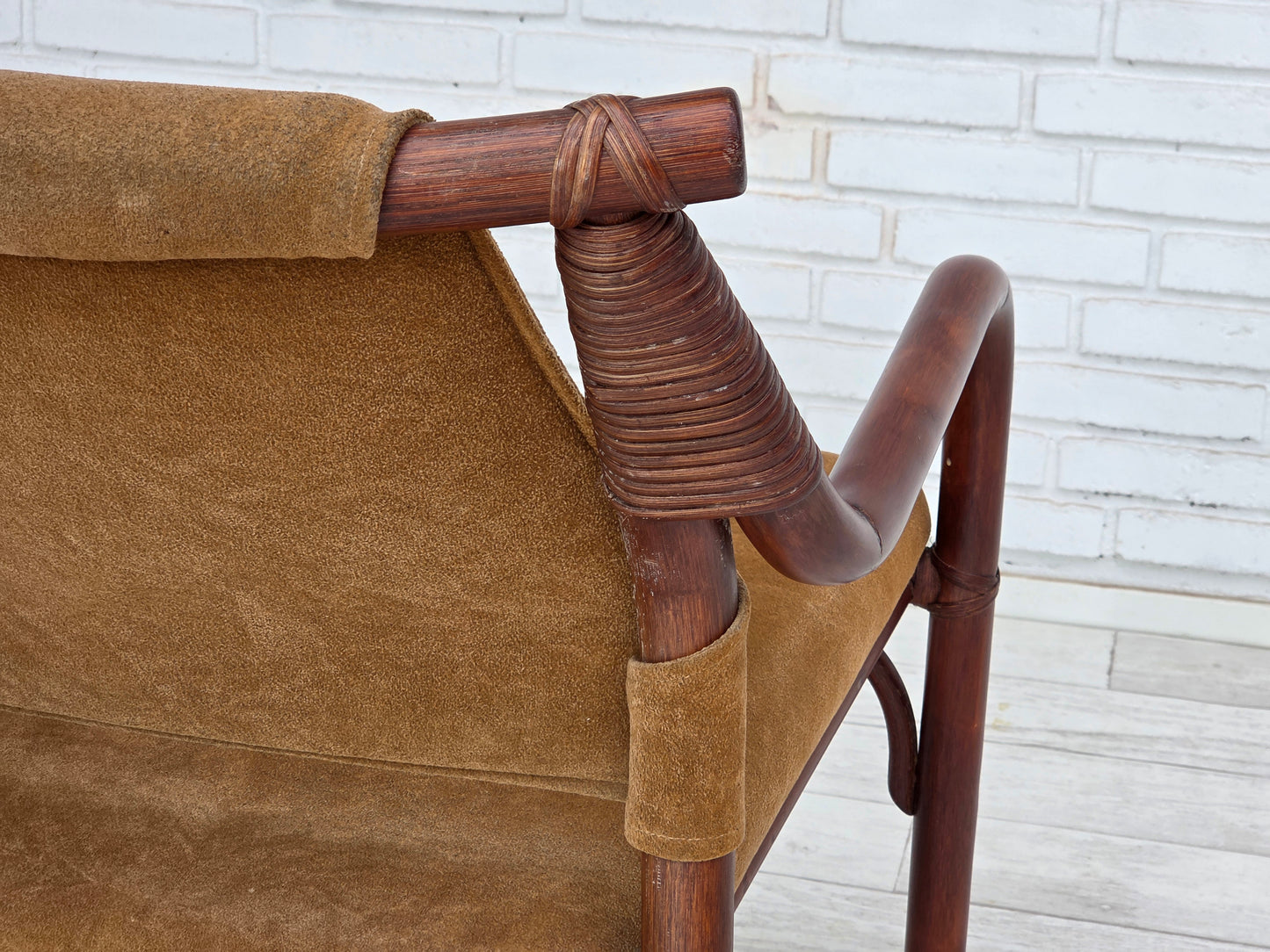 1970s, Danish coffee armchairs set, rattan, nubuck fabric.