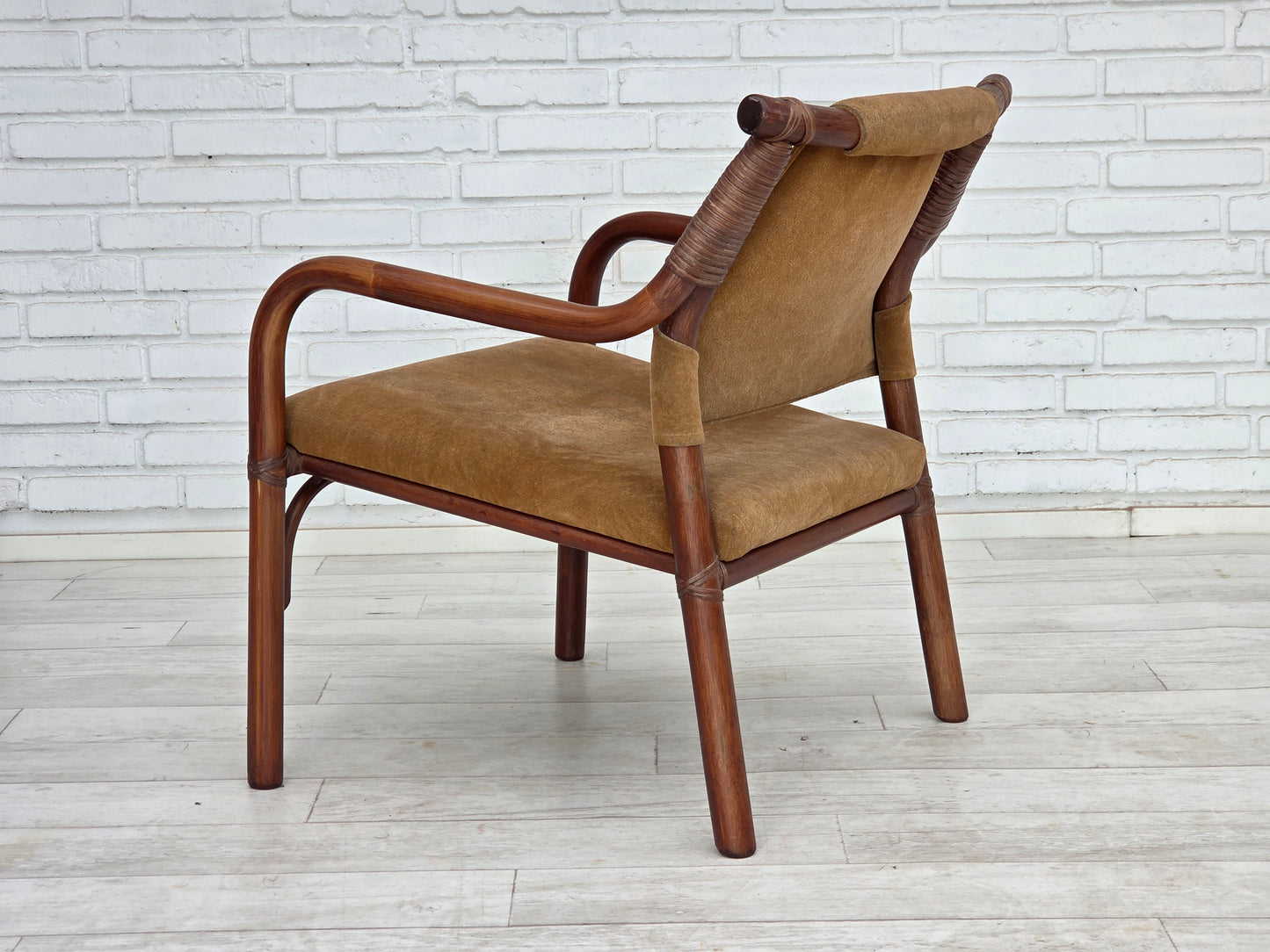 1970s, Danish coffee armchairs set, rattan, nubuck fabric.