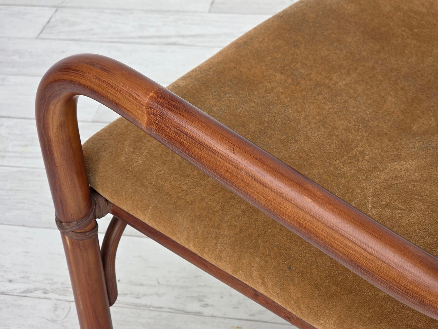 1970s, Danish coffee armchairs set, rattan, nubuck fabric.