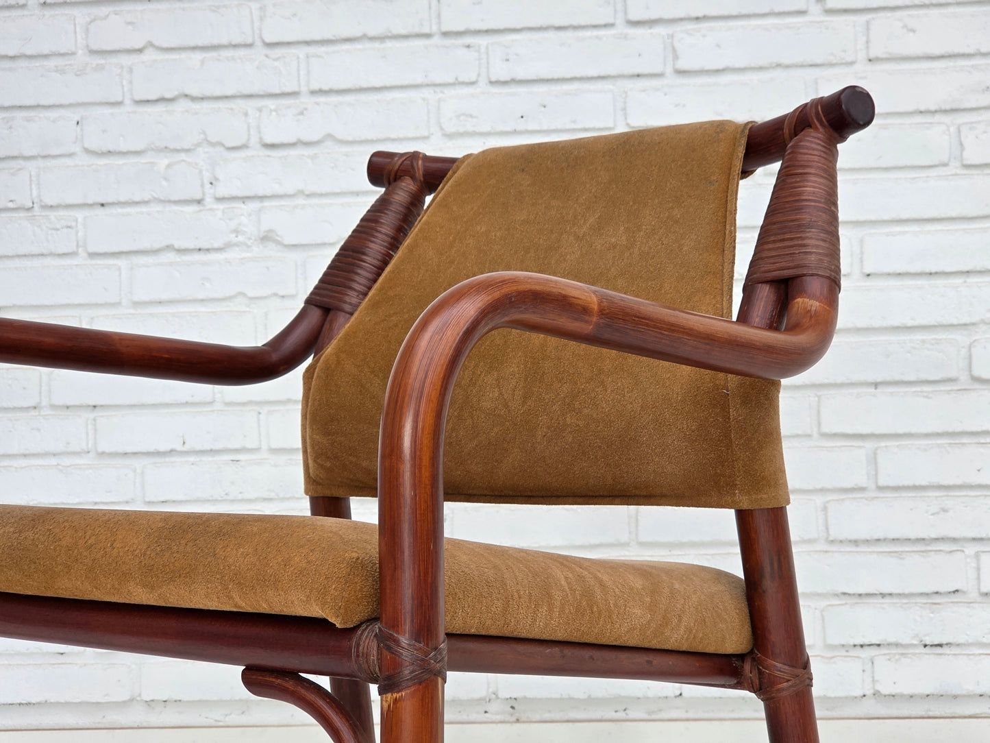 1970s, Danish coffee armchairs set, rattan, nubuck fabric.