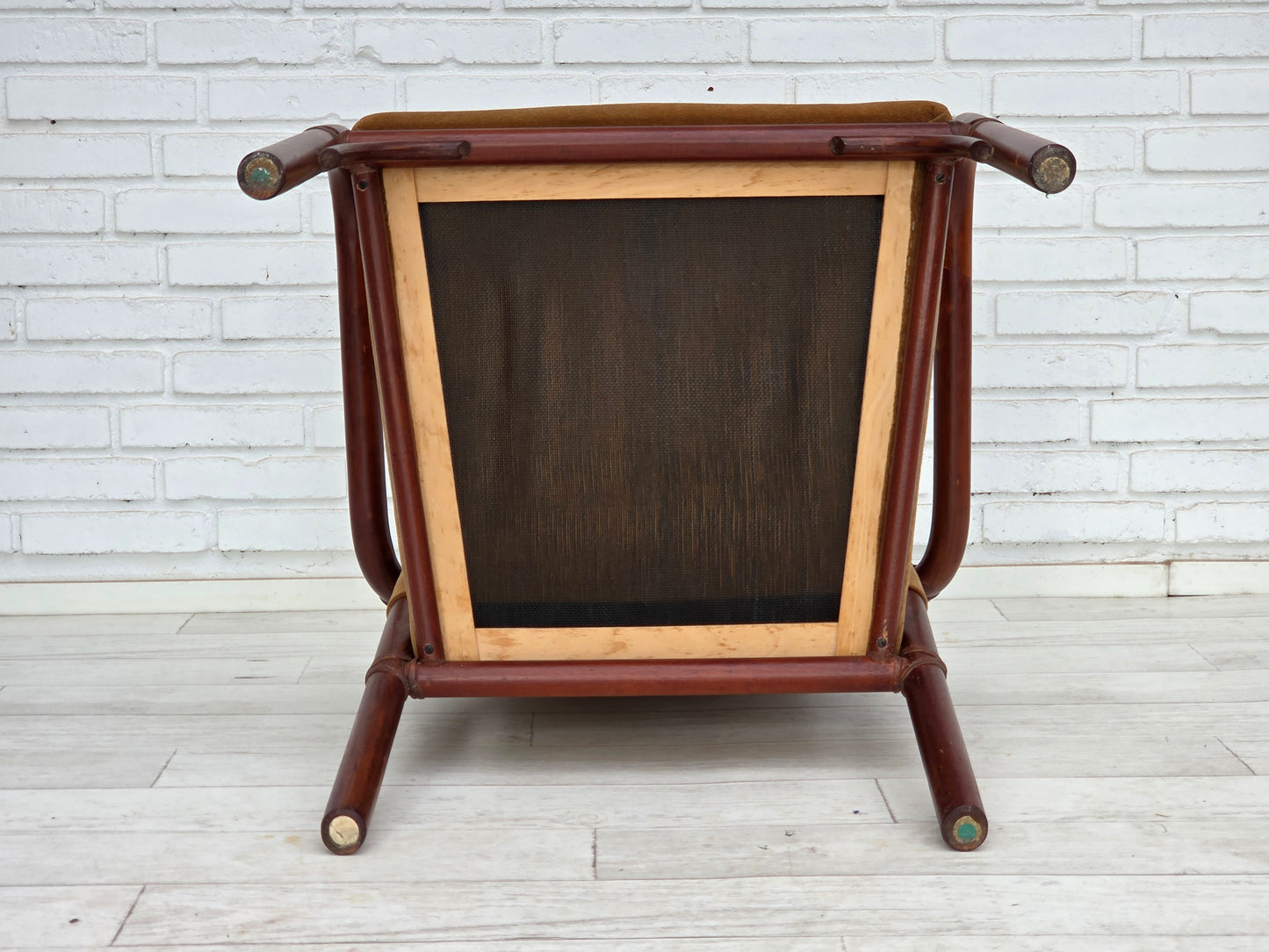 1970s, Danish coffee armchairs set, rattan, nubuck fabric.
