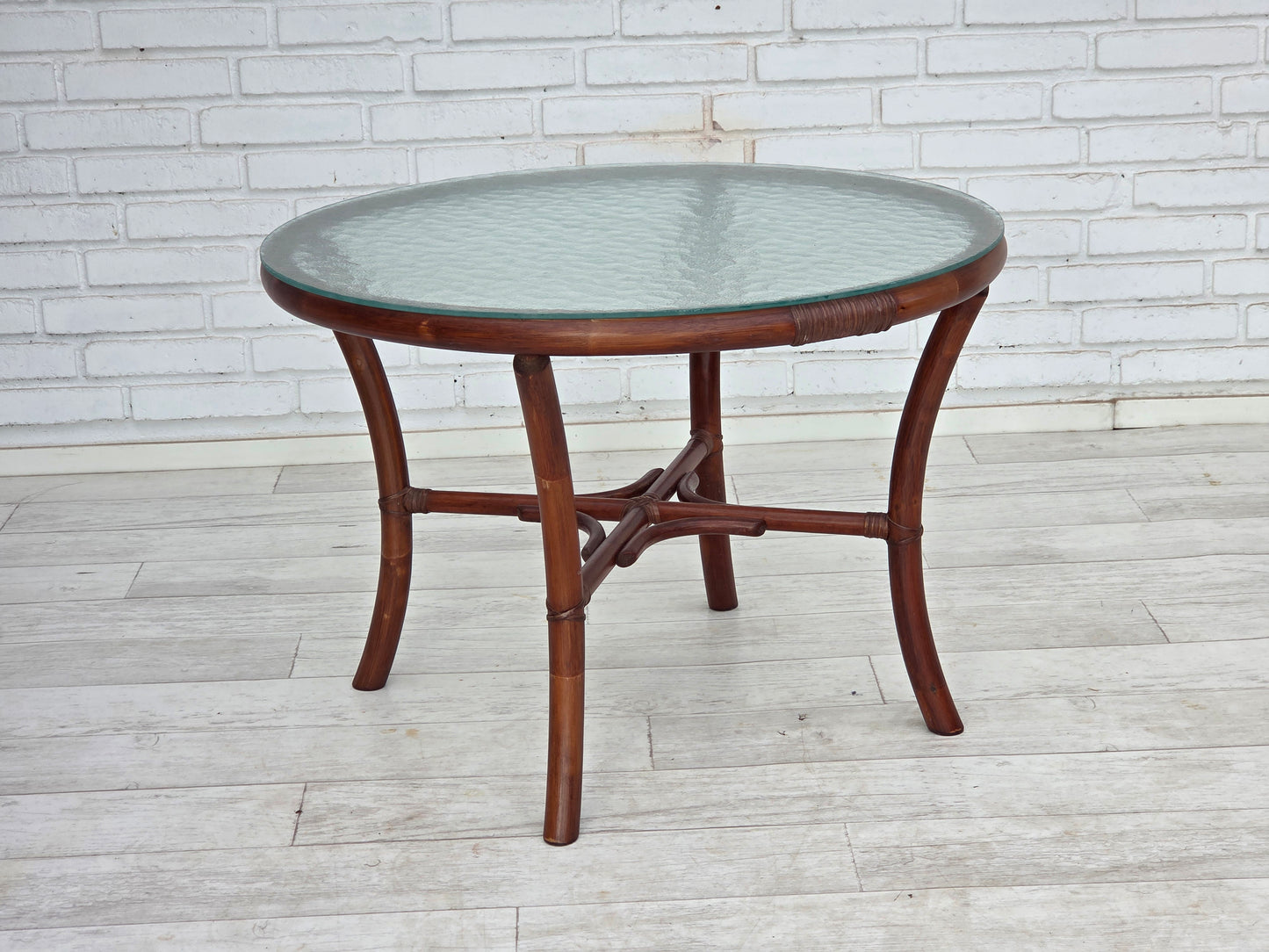 1970s, Danish coffee armchairs set, rattan, nubuck fabric.