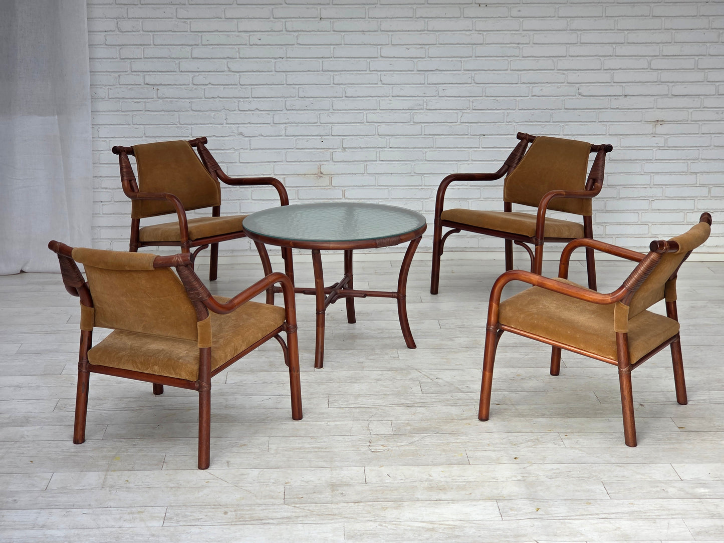 1970s, Danish coffee armchairs set, rattan, nubuck fabric.