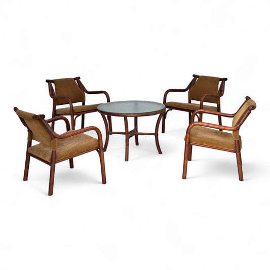 1970s, Danish coffee armchairs set, rattan, nubuck fabric.