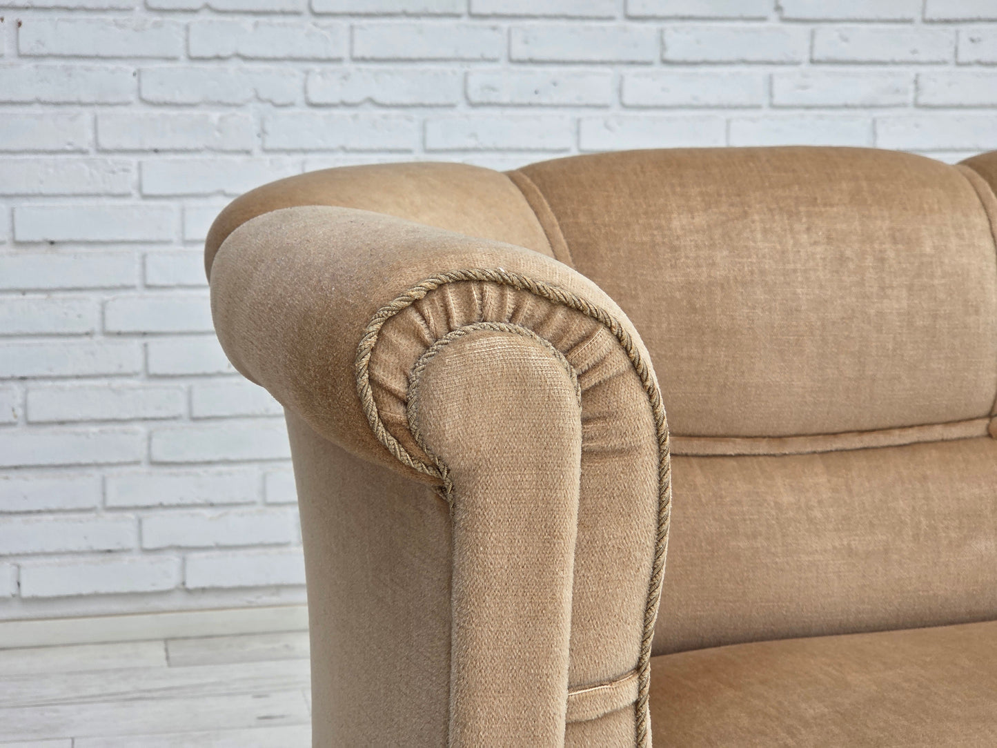 1950s, Danish 2-seater sofa, furniture velour, teak wood legs.