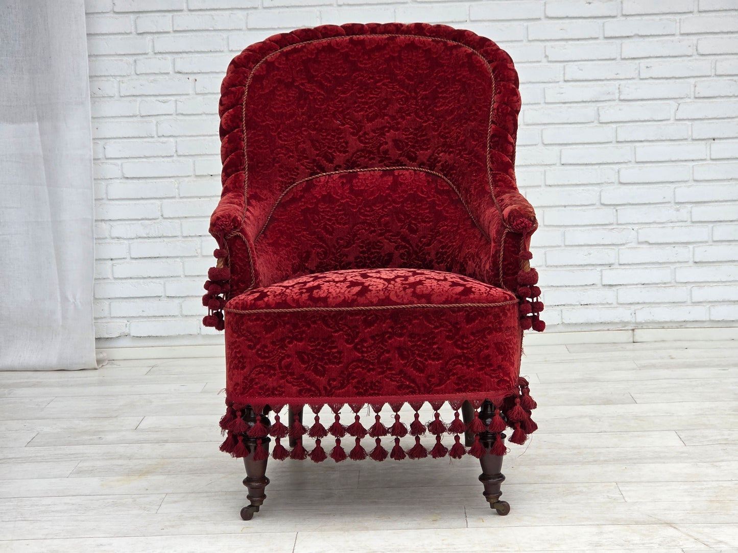 1950s, Danish highback armchair, furniture velour, beech wood legs.