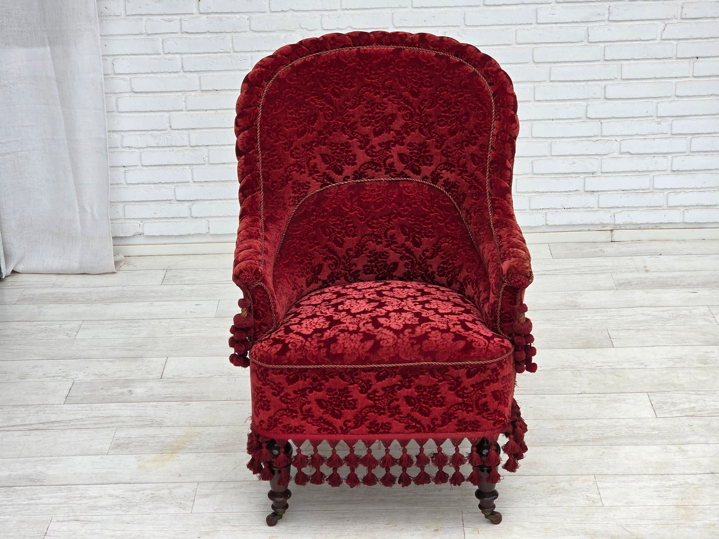 1950s, Danish highback armchair, furniture velour, beech wood legs.