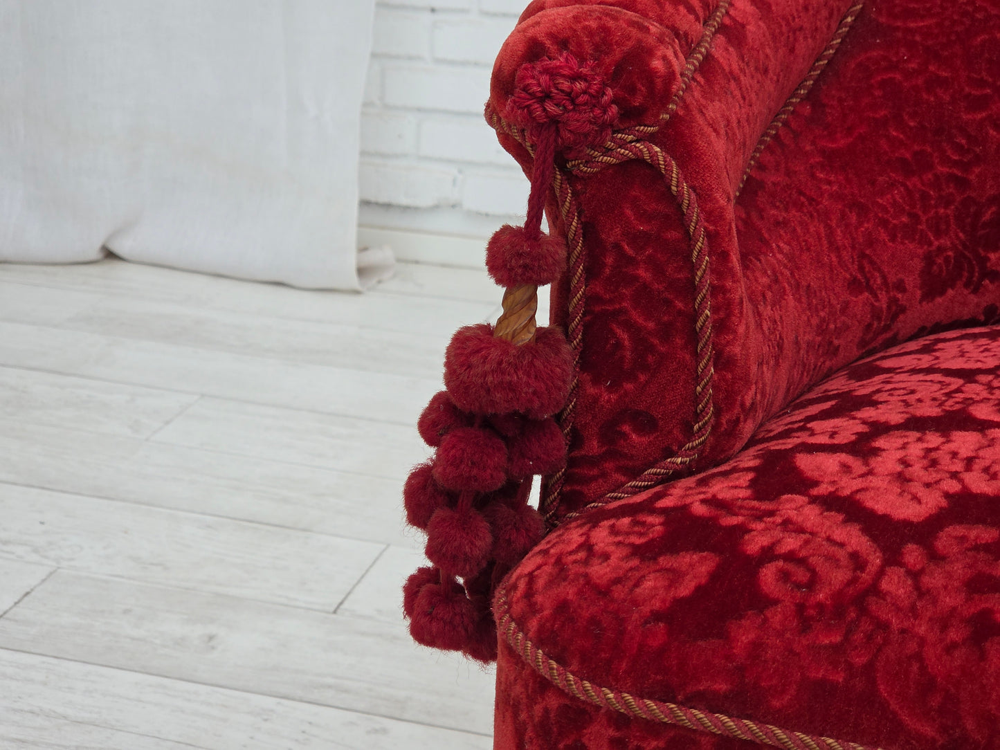 1950s, Danish highback armchair, furniture velour, beech wood legs.