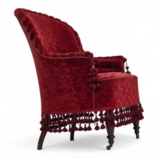 1950s, Danish highback armchair, furniture velour, beech wood legs.