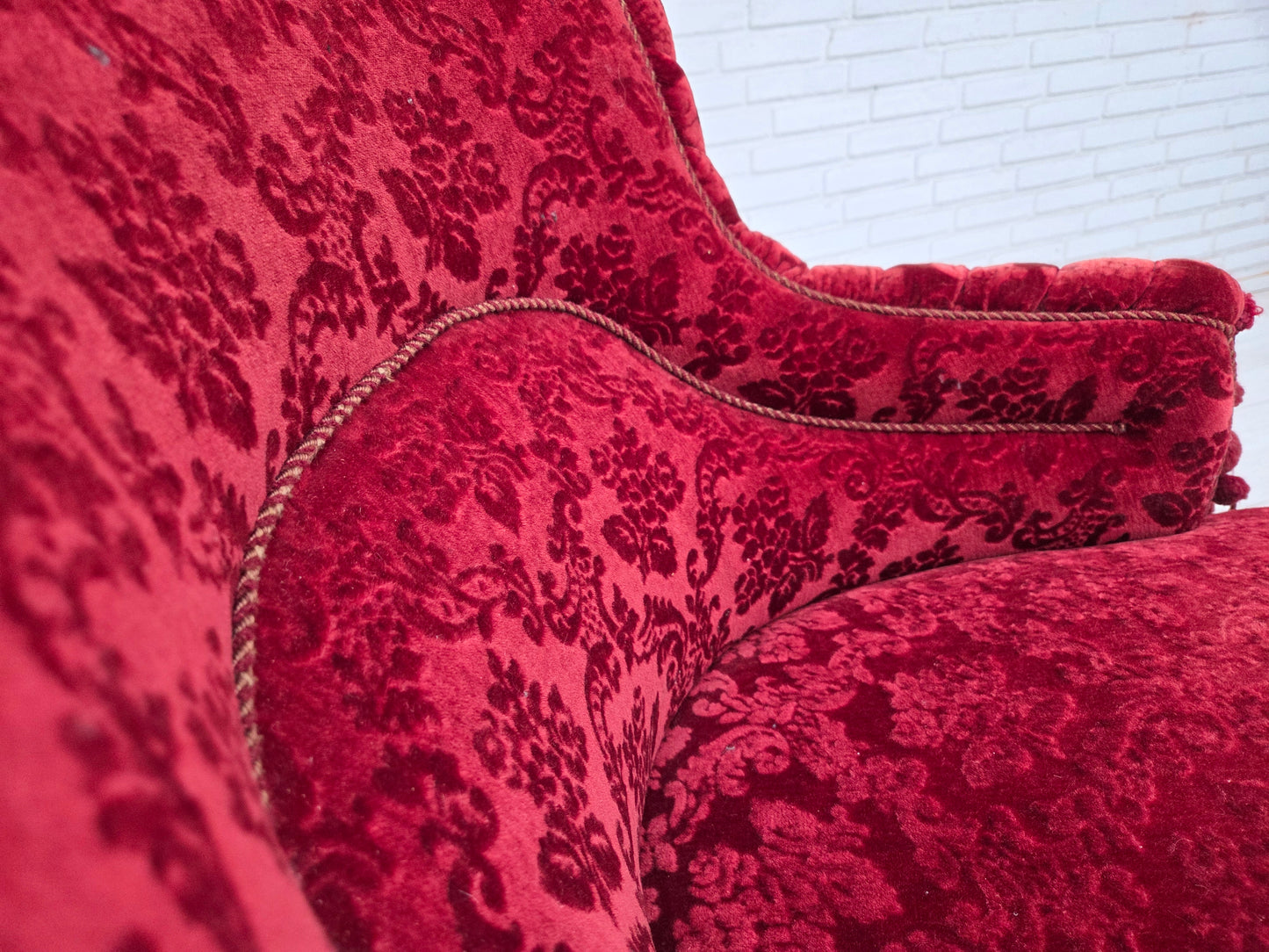 1950s, Danish highback armchair, furniture velour, beech wood legs.