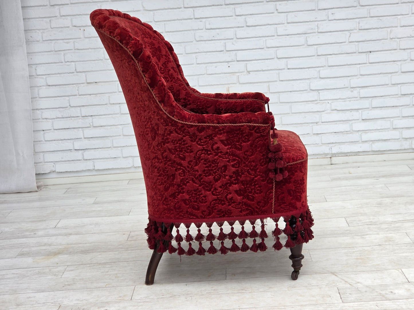 1950s, Danish highback armchair, furniture velour, beech wood legs.