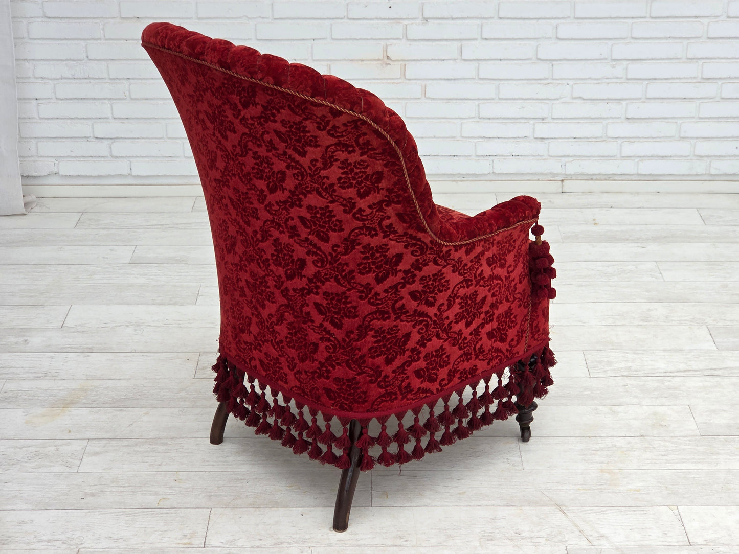 1950s, Danish highback armchair, furniture velour, beech wood legs.