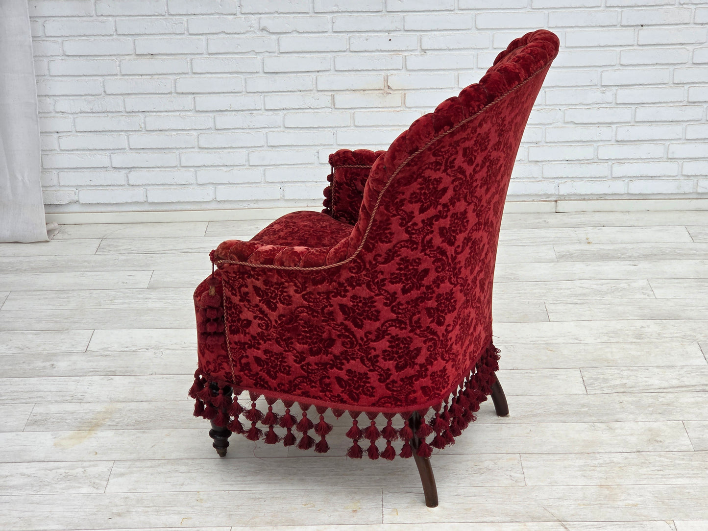 1950s, Danish highback armchair, furniture velour, beech wood legs.
