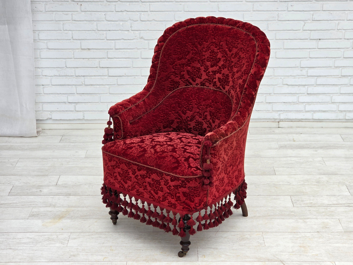 1950s, Danish highback armchair, furniture velour, beech wood legs.