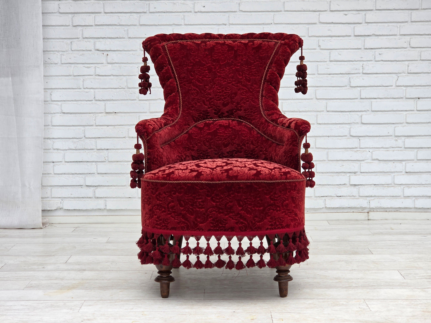 1950s, Danish armchair, furniture velour, beech wood legs.